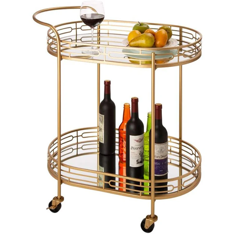 Restaurant Gold Luxury Tea Wine Food Catering Drinks Wrought Iron 2 tier Serving Trolley Bar Cart For Hotel