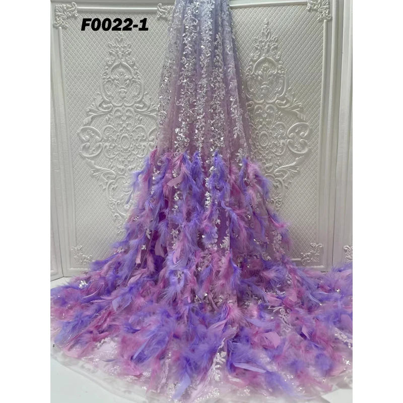 Unique design purple shinning wedding dress embroidery sequins tulle mesh fashion lace fabric with feathers