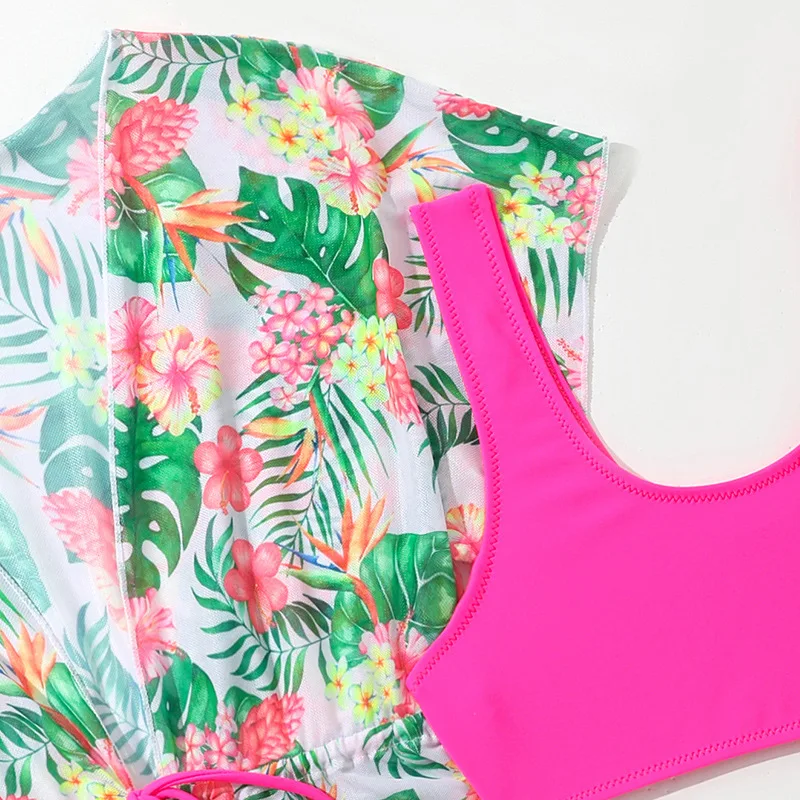 Swimsuit Kids Girl Flower Print Swimsuit Child Girl Baby 3 Pcs Set Long Sleeve Swimsuits + Tank Top + Bikini Thong