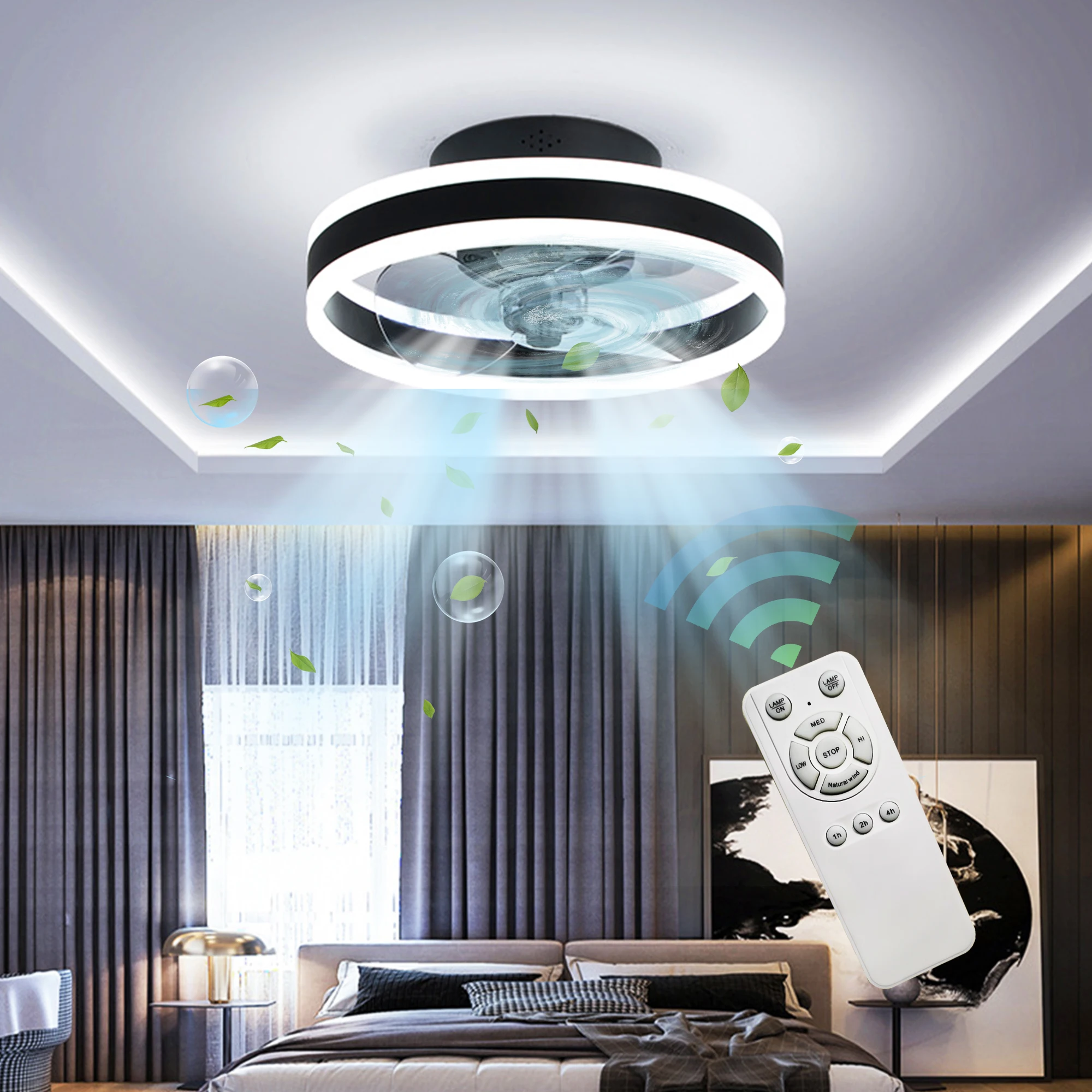 
Amazon Hot Sale Modern Remote Control Pink Cute Hanging Three-Color LED Ceiling Fan Lamp 