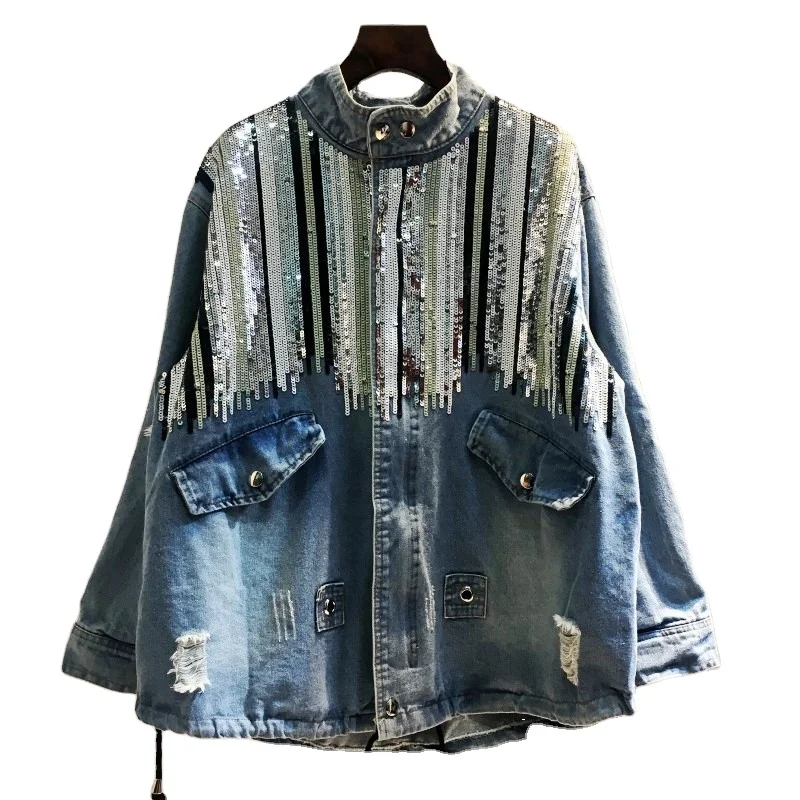 wholesale Sequins oversized Long sleeve drawstring cotton women denim jacket