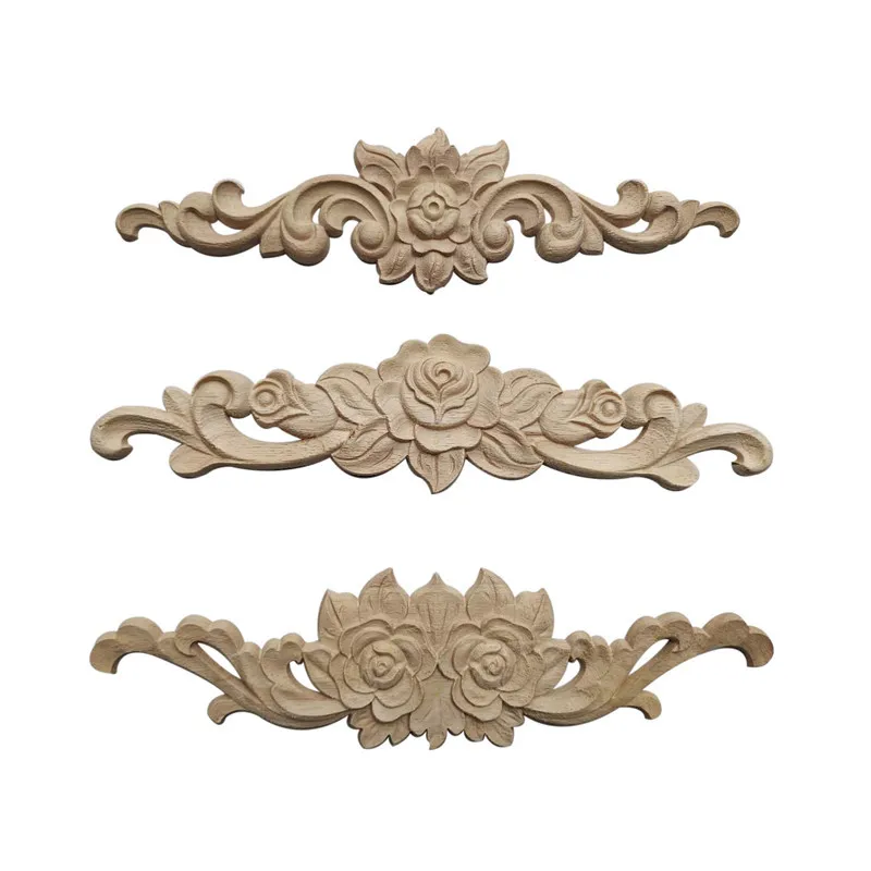 Long Rose Flower Exquisite Carving Natural Wood Appliques Furniture Wooden Vintage Unpainted Decoration Decal