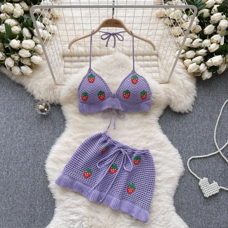 Cute Women Beach Knitted Halter Backless + Mini Skirt + Hair Bow Fashion  Strawberry Beach 3 piece Skirt Set
