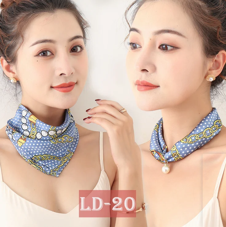 Silk Scarf Necklace Pearl Pendant Decorative Small Square Fashion Choker Collarbone Chain Magnetic Clasp Print Scarf