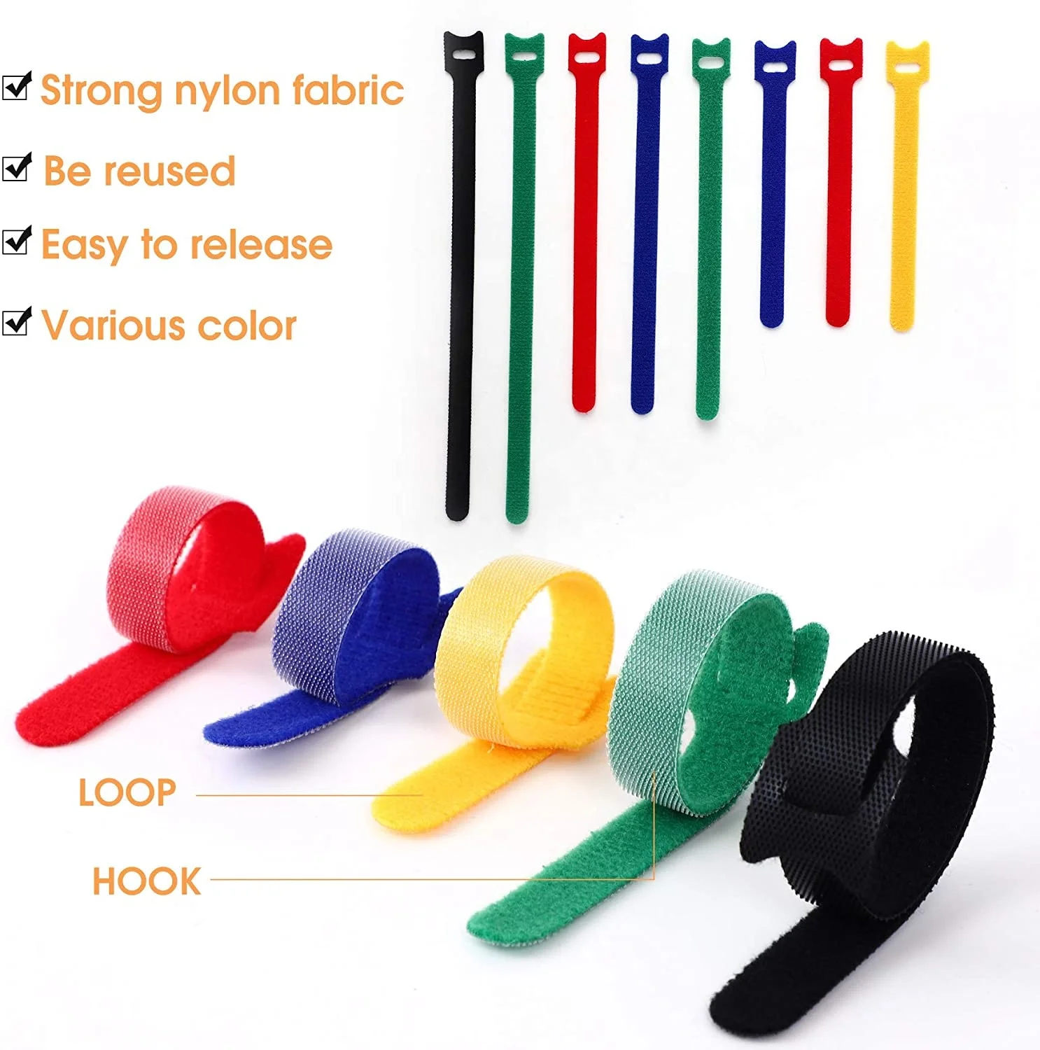 Strong and Reusable double side soft hard hook loop Thin Magic Cable Ties for Home Office and Outdoors