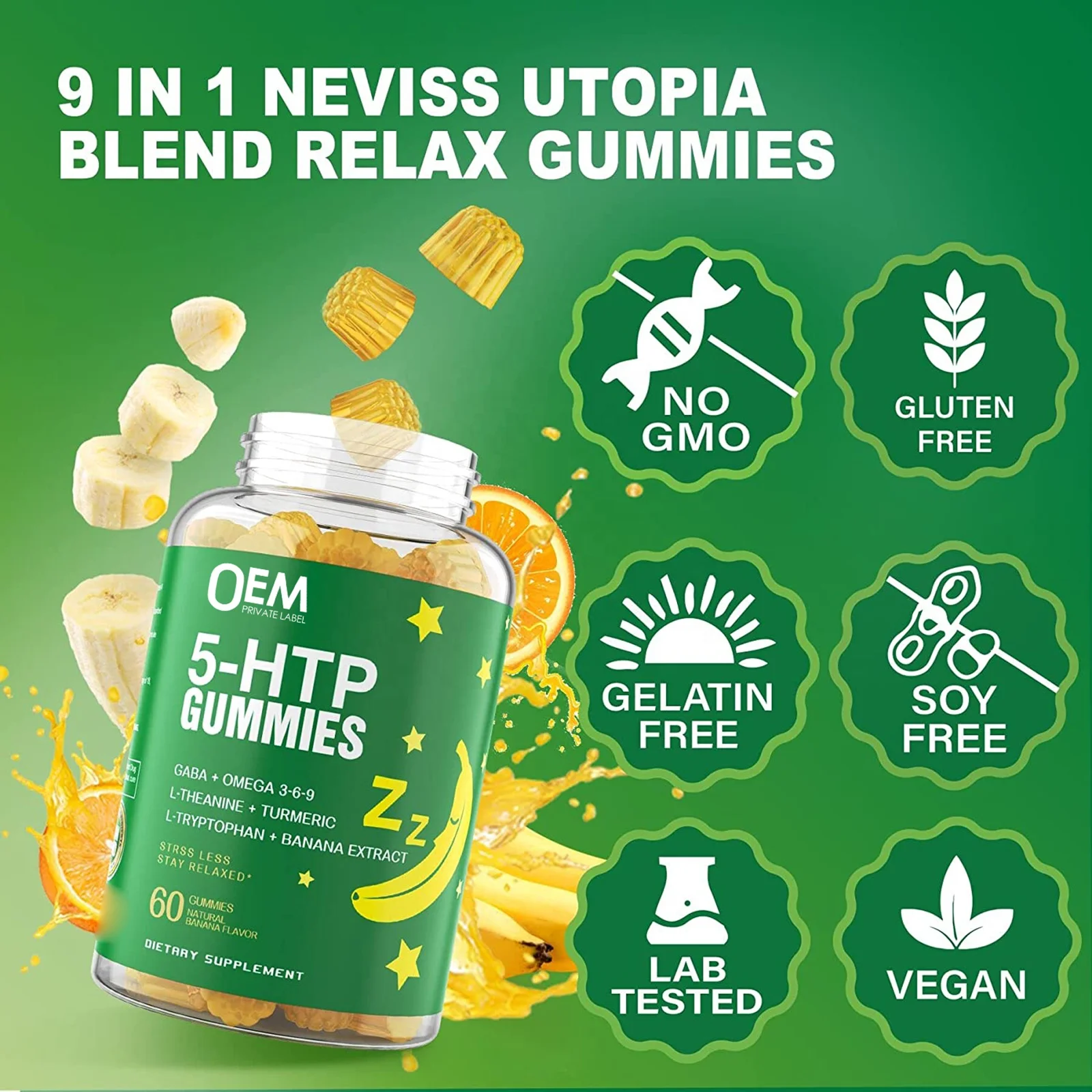 5-HTP Gummies Melatonin Free Gummies 900mg Complex for Health Rest Cycle with GABA, L-Theanine, L-Tryptophan, Omega369, Turmeric