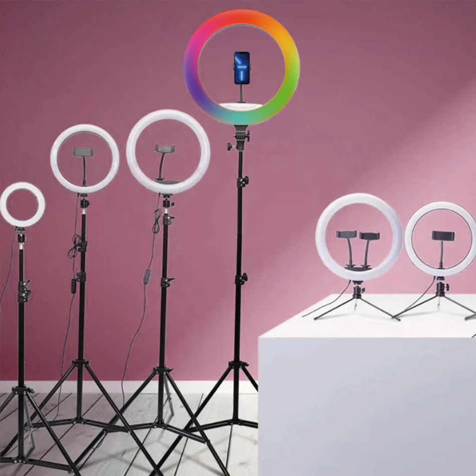 6/8/10/12/14/18/20/21 Inch Photographic Phone Holder RGB  Fill Lamp Mobile Live Video LED Selfie Ring Light With Tripod Stand