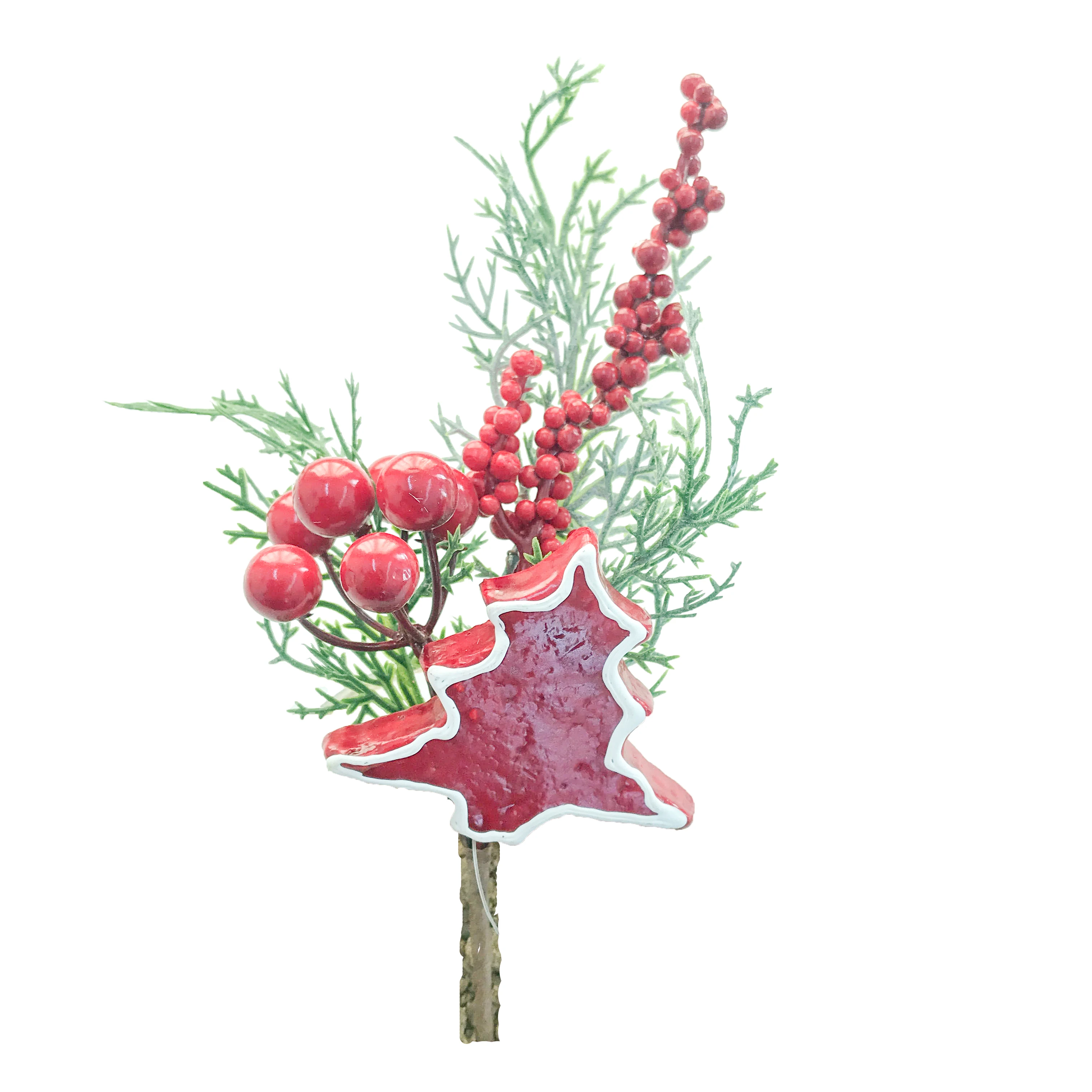 Artificial berries holly branch Christmas tree wood carving decoration Christmas floral Spray wholesale