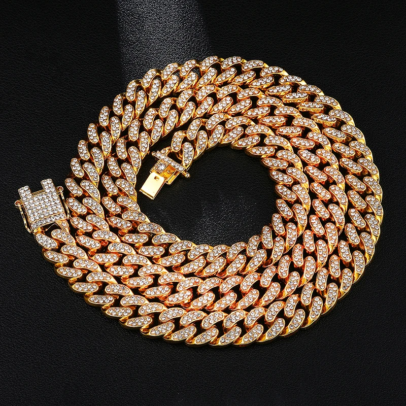 Hip Hops Iced Out 12MM 18K Real Gold Plated Miami Cuban Link Chain Necklace Micro Pave Cubic Zirconia