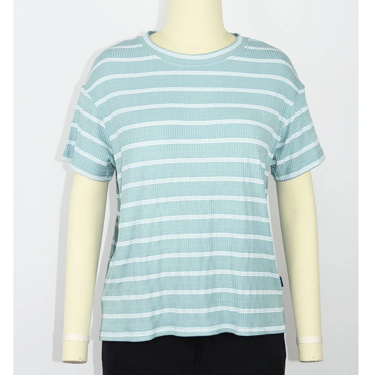 WOMENS VISCOSE YARN DYED STRIPE  RIB LOOSE FIT T-SHIRT, OEM, ODM