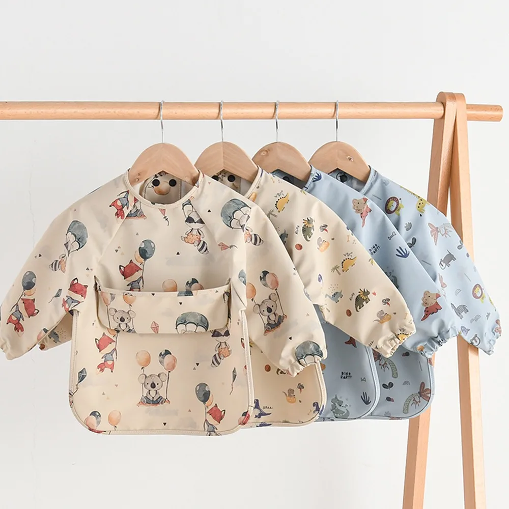Easy Wear Long Sleeved Bib Baby Toddler Soft PU Bibs With Pocket Painting Waterproof Washable Easy Clean Smock For Children