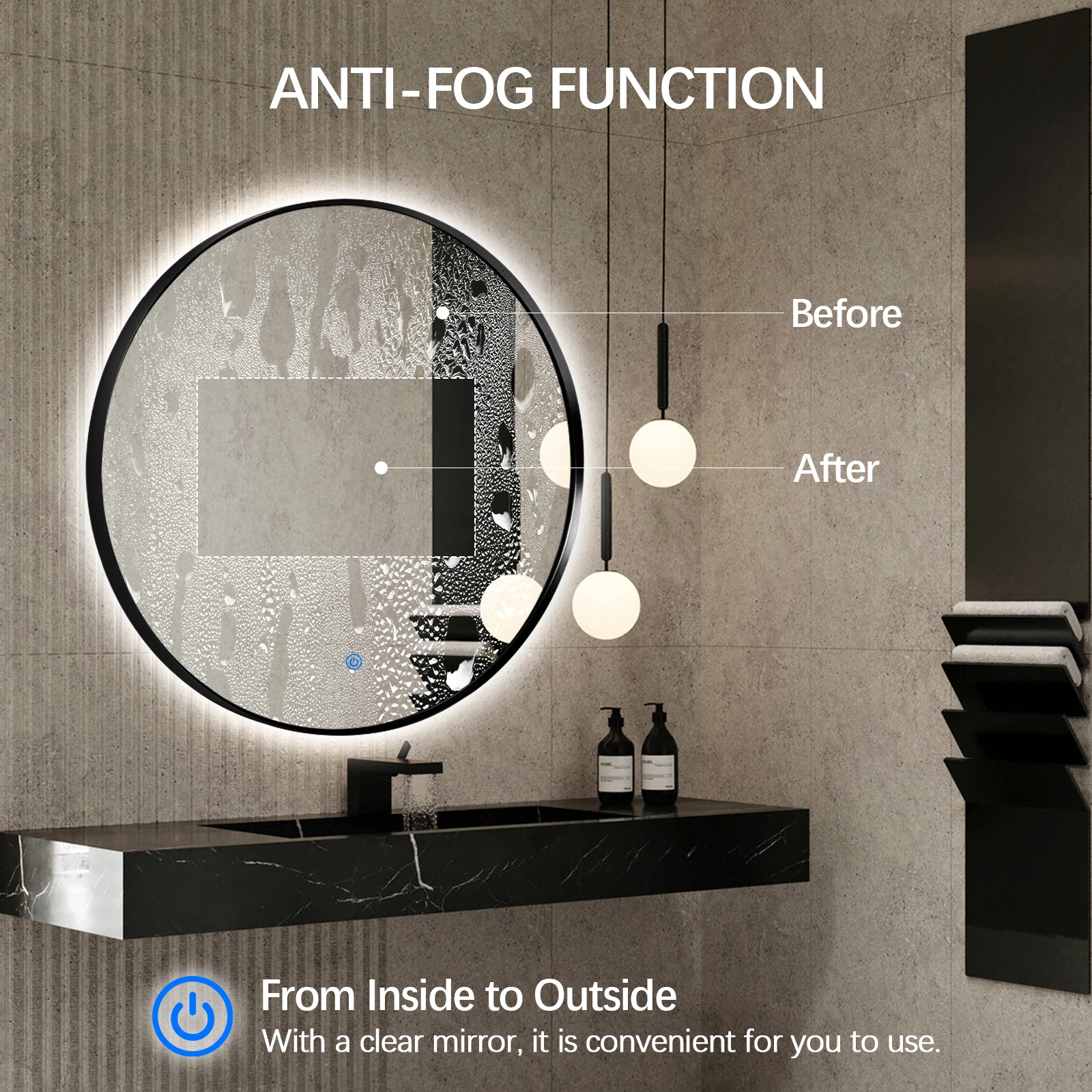 Hot Selling Metal Black Framed Mirrors Circle Decorative Wall Mirror Vanity Bathroom Mirror with Backlit Light