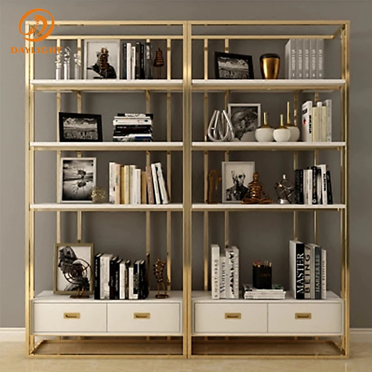 wholesale custom simple modular high end stainless steel wall golden book shelf mdf wood bookshelf for office decoration