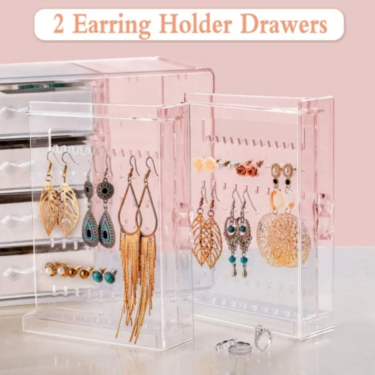 Clear Earring Holder Jewelry Hanging Boxes with 4 Velvet Drawers for Earrings Ring Necklace Bracelet Display Case Gift for Women