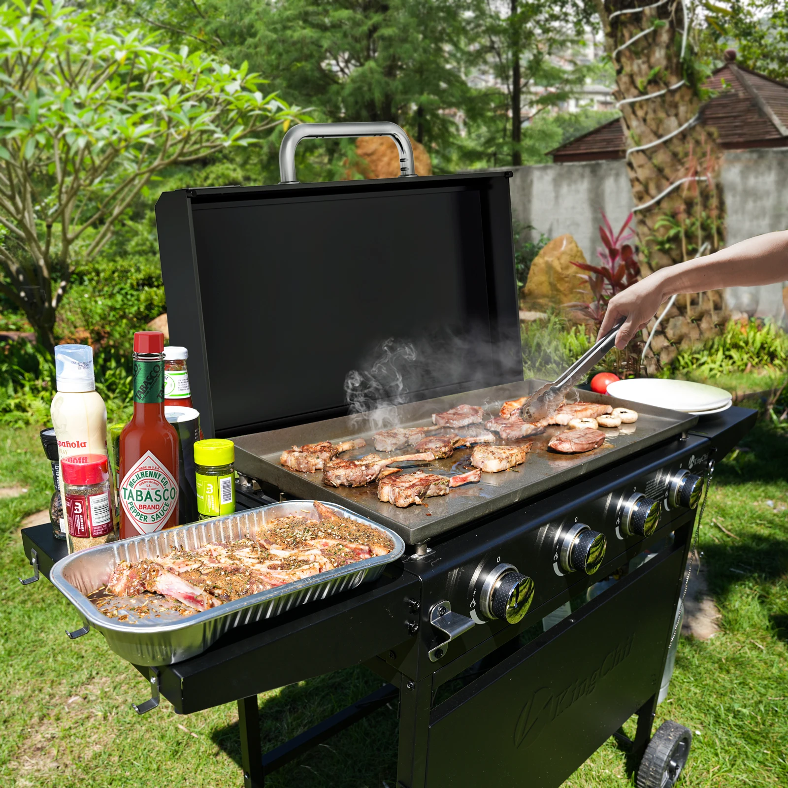Miire Outdoor 4 Burners Barbecue Grill Gas BBQ Grill Family Party Barbecue Courtyard Gas BBQ With Hooded