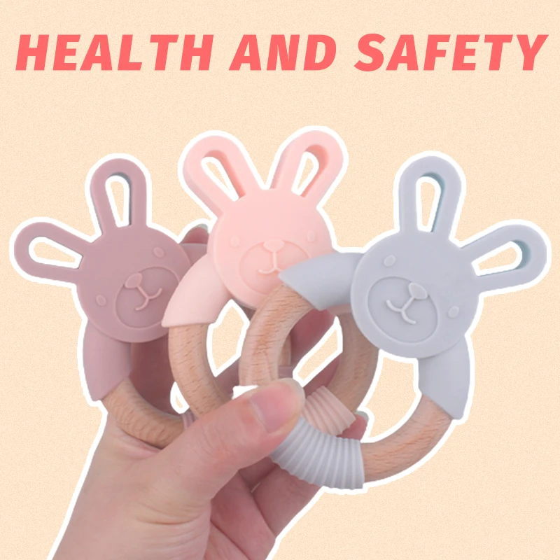 Лидер продаж, милые пищевой кролик формы силиконовые и деревянные Детские Прорезыватель для зубов милые ручки для прорезывания зубов Жевательная силиконовый Банни Прорезыватель для зубов