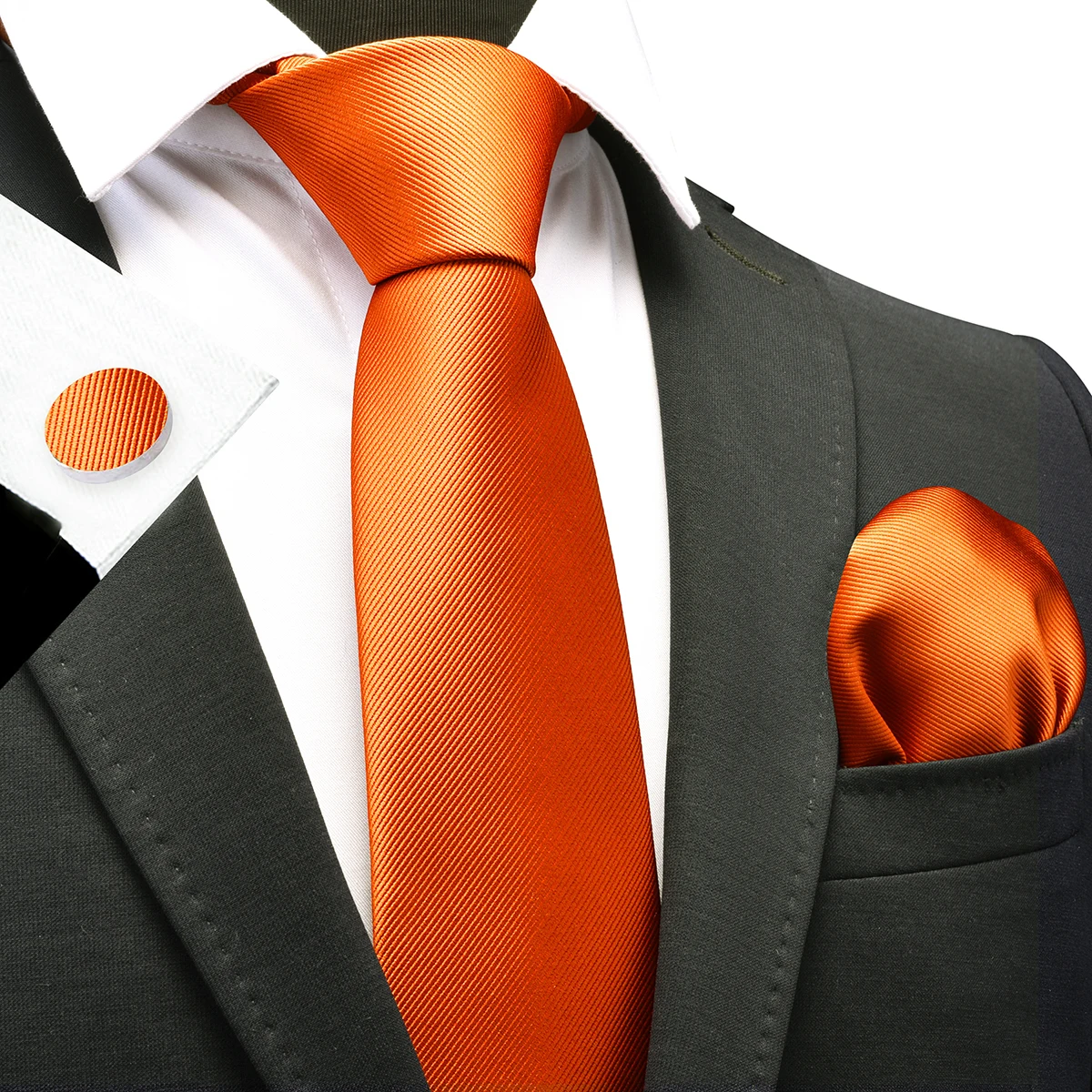 Mens Solid Color Tie and Pocket Square Cufflinks Set Woven Silk Plain Jacquard Necktie Handkerchief for Men Wedding Party Formal