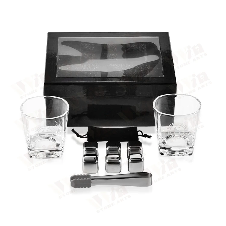 Wholesale Crystal Square Whiskey Glass Gift Set Stainless Steel Whiskey Stones Whisky Glass Kit With Paper Box