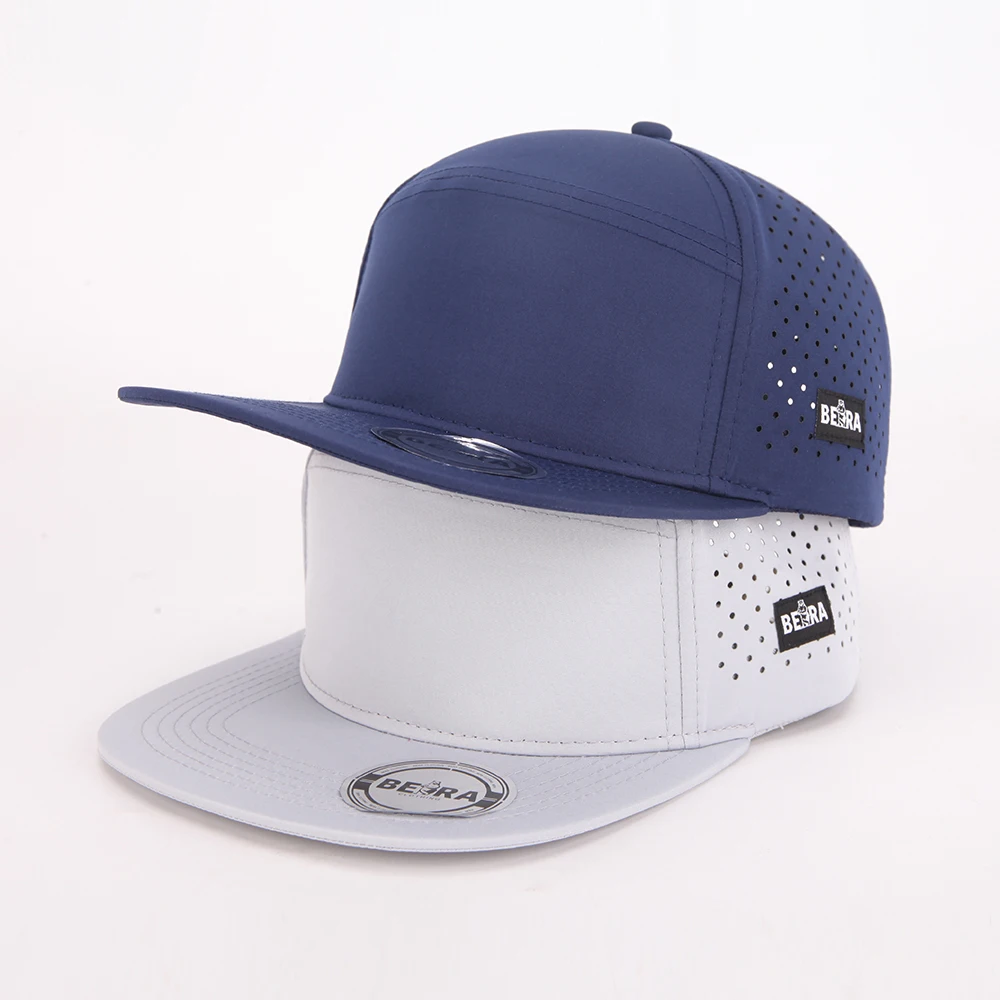 Custom Quality 7 Panel Flat Brim Rubber Patch Logo Sport Snapback Cap Laser Cut Hole Perforated Sport Gorras Hat
