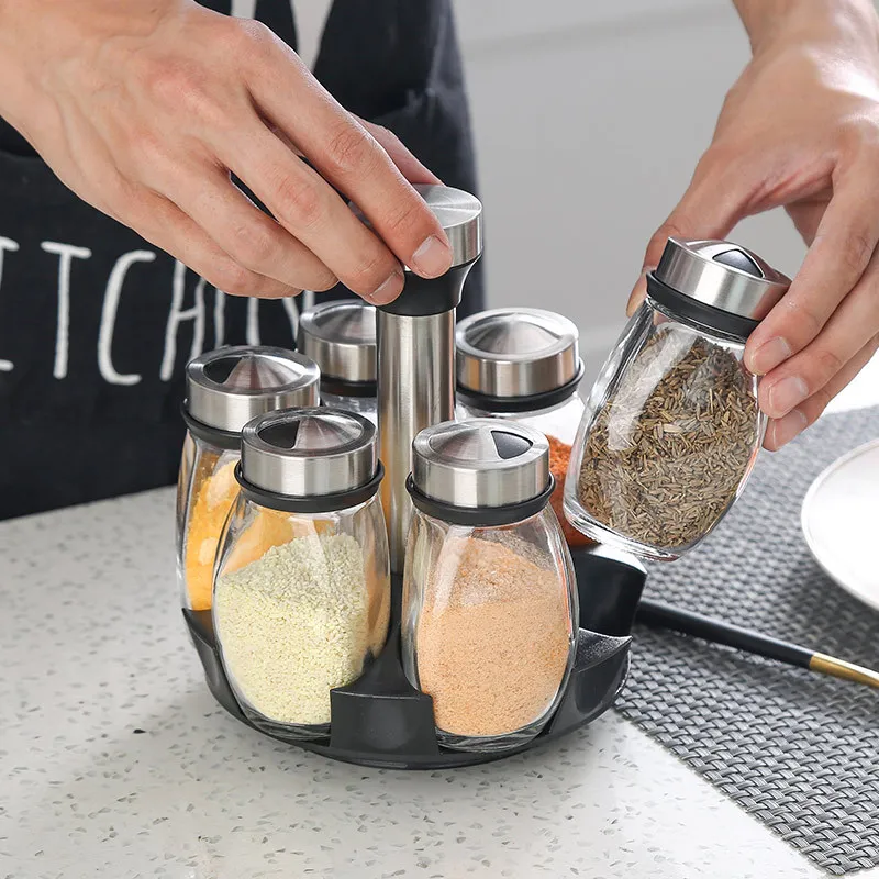 1/7pcs Spice Jar Set Rack Glass Organizer Rotating Glass Seasoning Sugar Pepper Bottles Salt Shakers Holder Kitchen Storage Rack