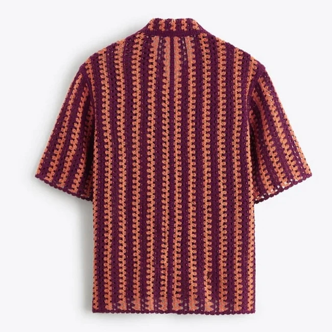 Oversized Shirts Crochet Short Sleeve Customization Summer Beach Knitted for Men Cotton Casual Custom Shirt Print Pattern V-neck