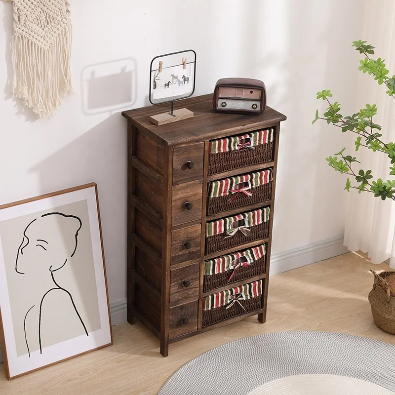 wholesale plastic rattan basket storage cabinets wooden living room chest of drawers