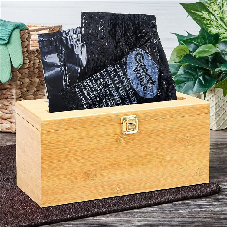 Private Label Bamboo Wall Mounted Kitchen Trash Bag Dispenser Garbage Bag Holder Trash Bag Organizer
