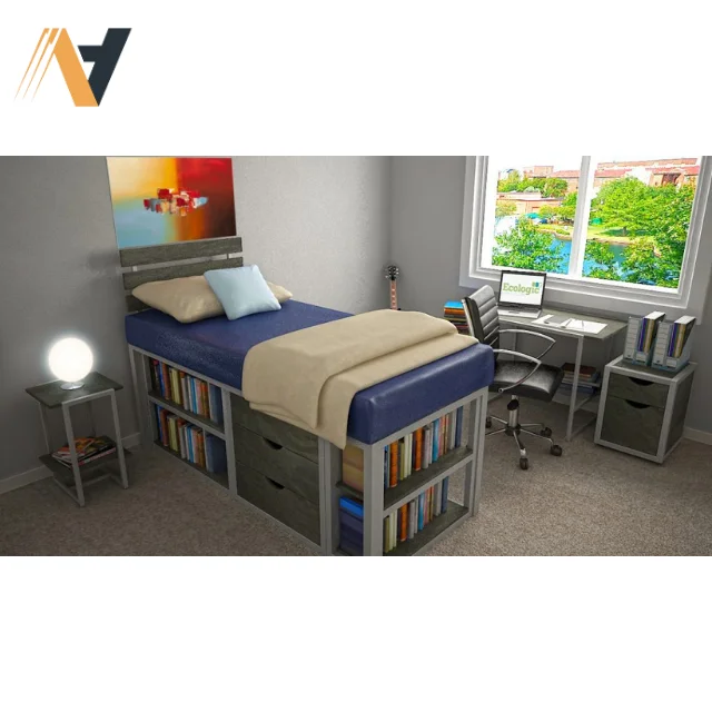 Complete Student Housing Bedroom Set with Modern Bed, Study Desk, and Wardrobes