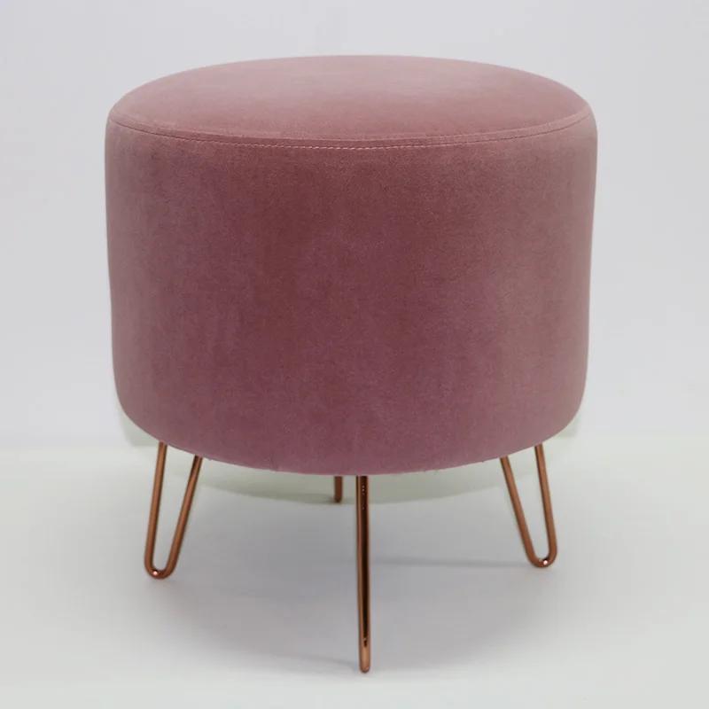 Reatai velvet round pink colour ottoman stool customized metal leg with buttons elegant stool with legs