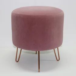 Reatai velvet round pink colour ottoman stool customized metal leg with buttons elegant stool with legs