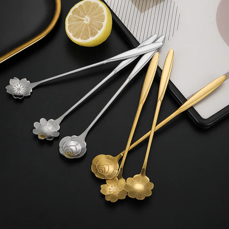 Stainless steel flower/suare/round shape gold dessert spoon tea spoon