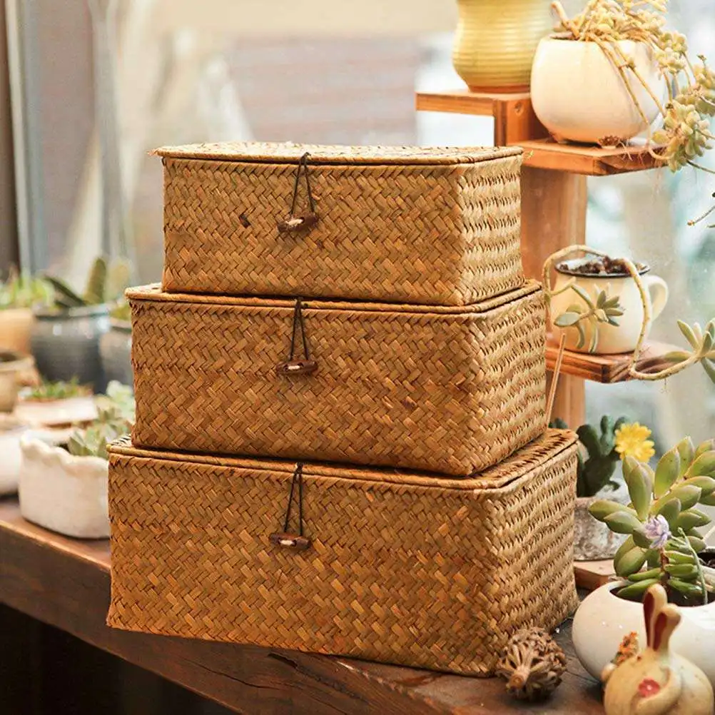 Wicker Basket Desktop Makeup Organizer Multipurpose Container Shelf Baskets with Lid Set of 3 Handwoven Seagrass Storage Box