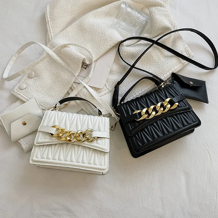 Wholesale Custom Fashion 2 In 1 Chain Female Mini Purse and Tote Bag Black Lady Handbag Women Bag Sets