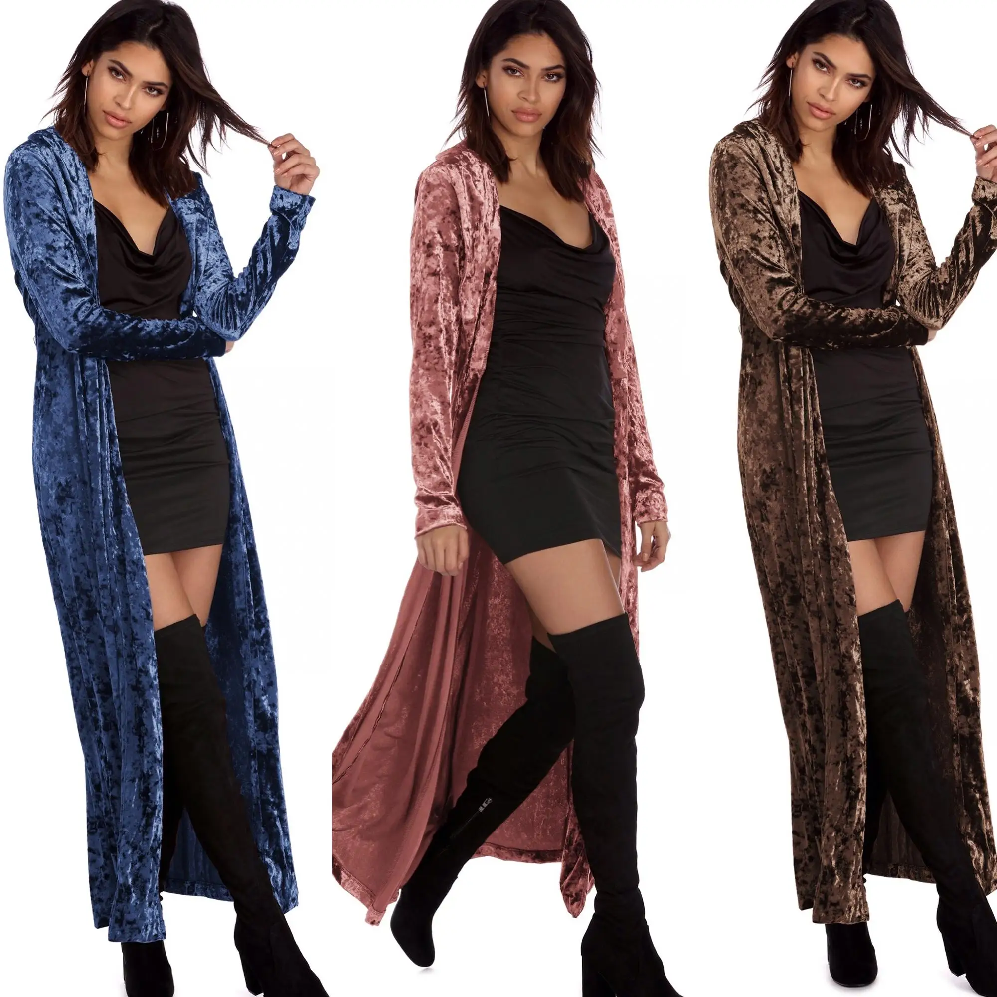 Long sleeved women fall extended velvet windbreaker cardigan long coat