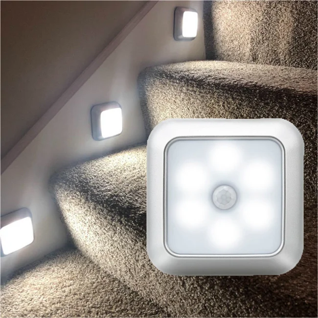 6Leds PIR Battery Powered Square Motion Sensor Night Lights PIR Induction Under Cabinet Light Closet Lamp for Stairs Kitchen