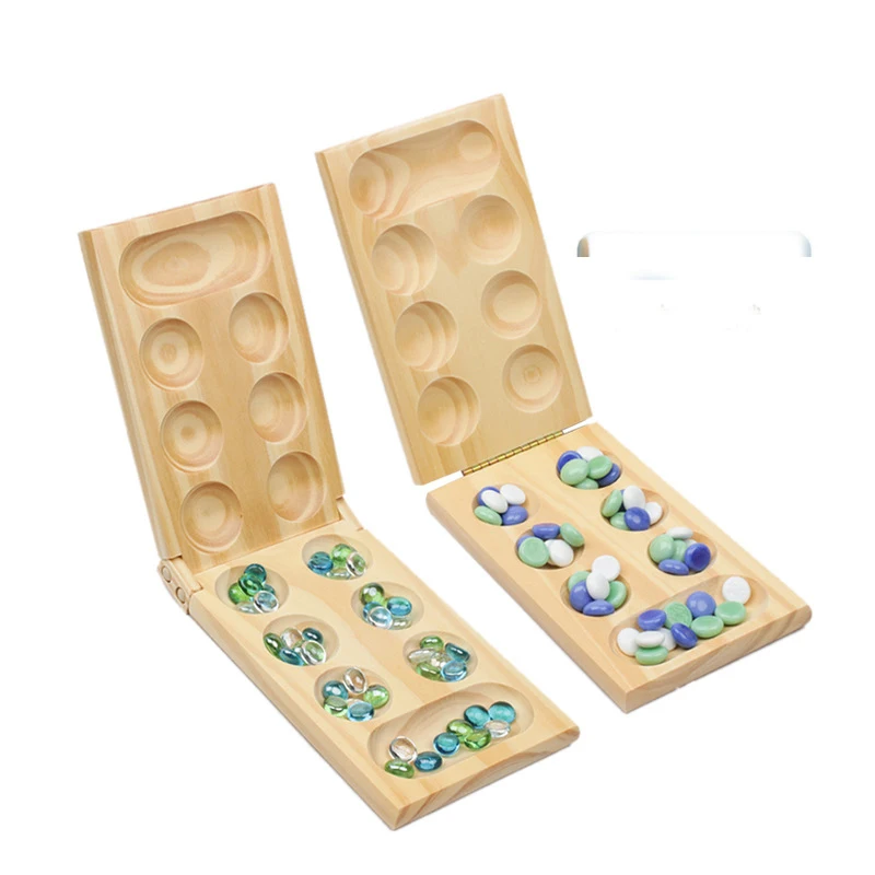 Custom wooden foldable mancala board game checkers wood ludo travel adults kids glass stones mancala board game