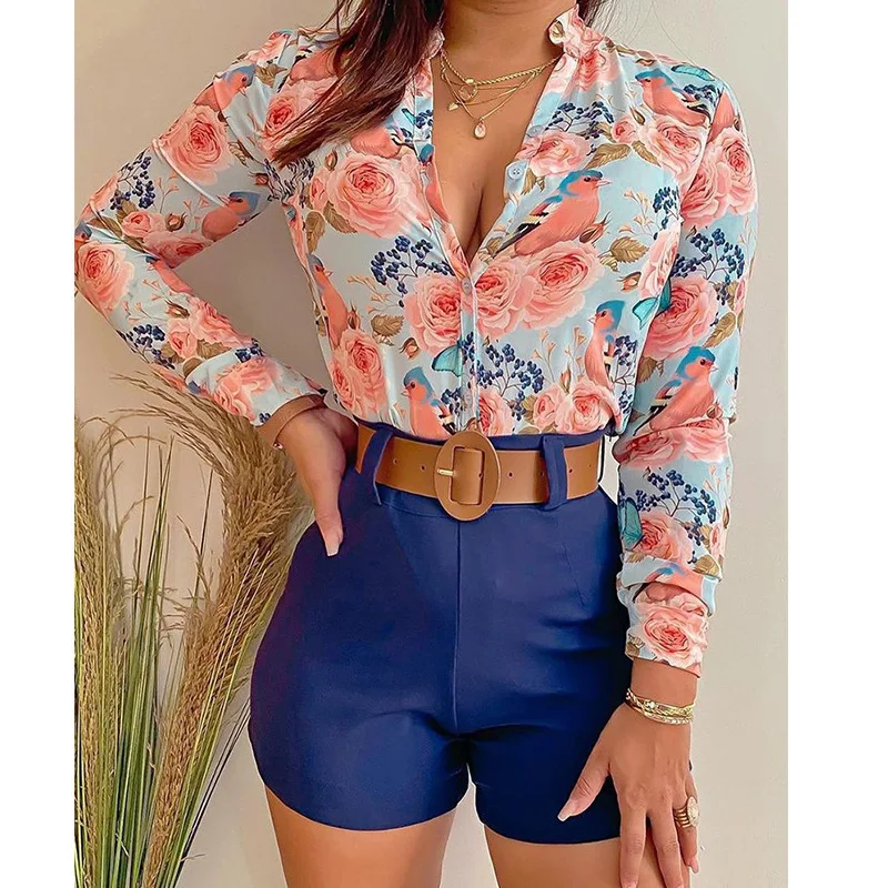 Factory wholesale price women long sleeve deep v neck sexy floral printing casual customized shirt top for autumn style