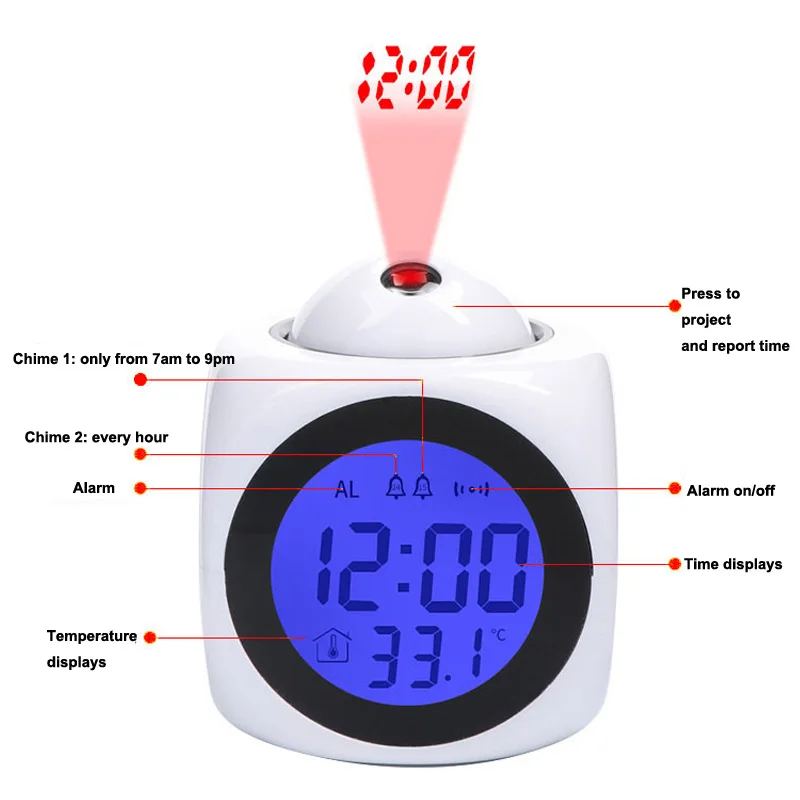 Funny EN ES Languages LCD display time 180 degree rotate talking projection alarm clock