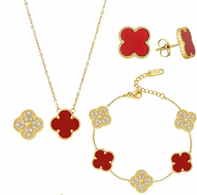 Five flower four leaf clover bracelet earring necklace set titanium steel double-sided bracelet earrings necklace jewelry sets