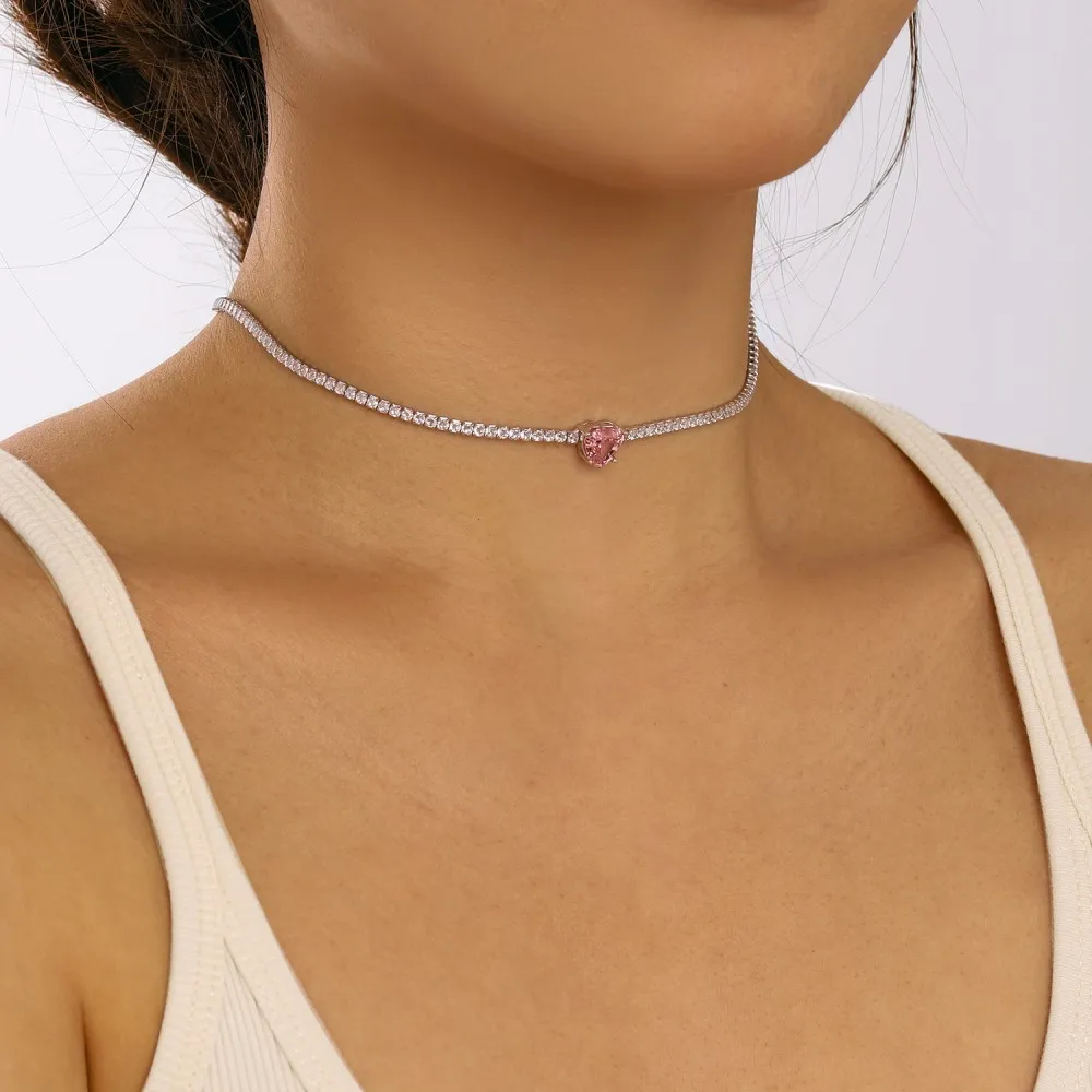 Dylam Fine Jewelry Choker Necklaces Women S925 Silver Heart Shape 2 Ct Radiant Cut 8A Cubic Zirconia Choker Tennis Necklace