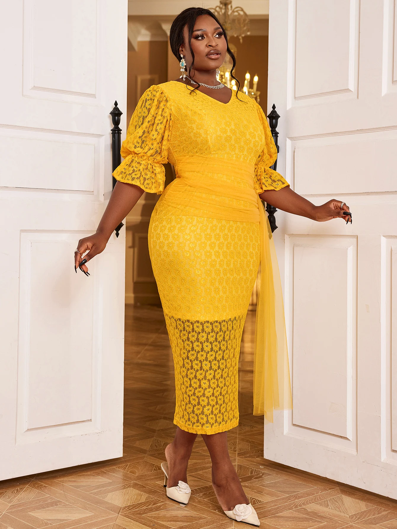 Bell Sleeve Mesh Belt Stretchable Lace Long Yellow Formal Evening Dress