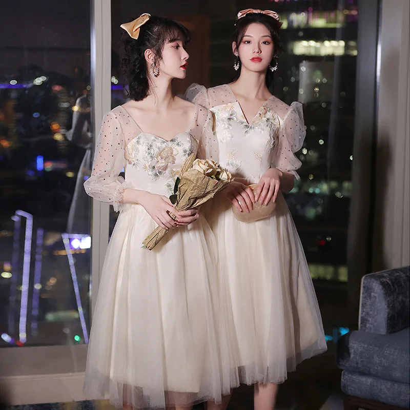 Korea Net Yarn Bridesmaid Dress Women Elegant Embroidery Wedding Evening Dresses Lulus Homeeoming Prom Dresses For Girls