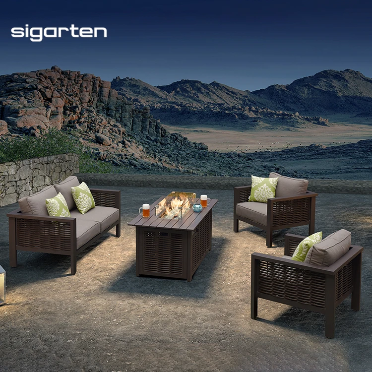 Ready to ship outdoor rope furniture patio garden rattan wicker sale set with fire pit