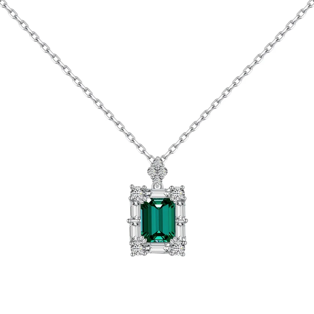 Dylam S925 Sterling Silver Jewelry High Quality Rectangular Emerald Green Stone Cz Zirconia Necklaces Square Pendants For Women
