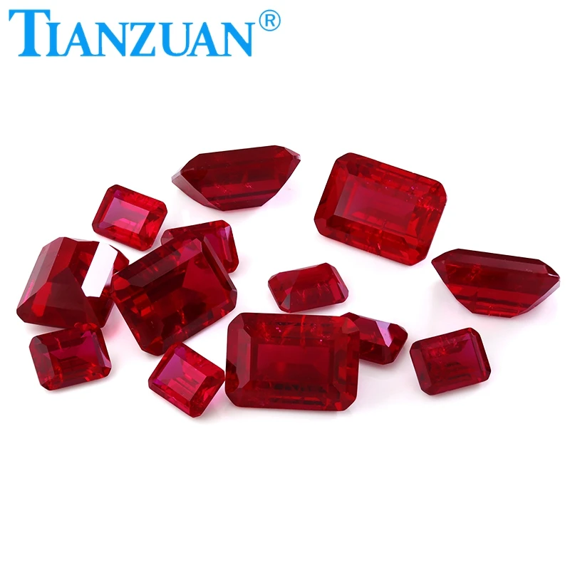 Pigeon Blood Red color lab created ruby rectangle Octagon shape emerald cut including minor cracks inclusions loose gem stone
