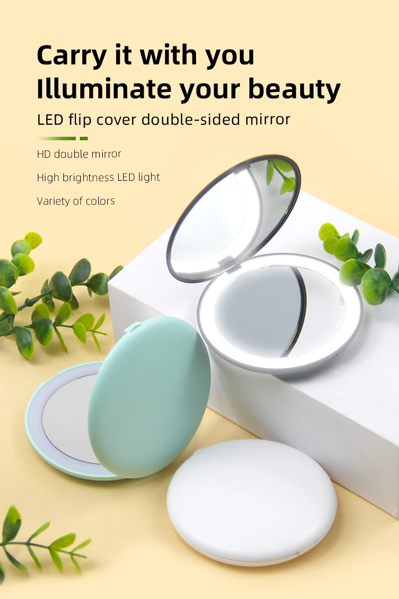 Custom 1X/2X Magnification Cute LED Light Pocket Purse Hand Held Portable Folding Small Mini Makeup Mirror
