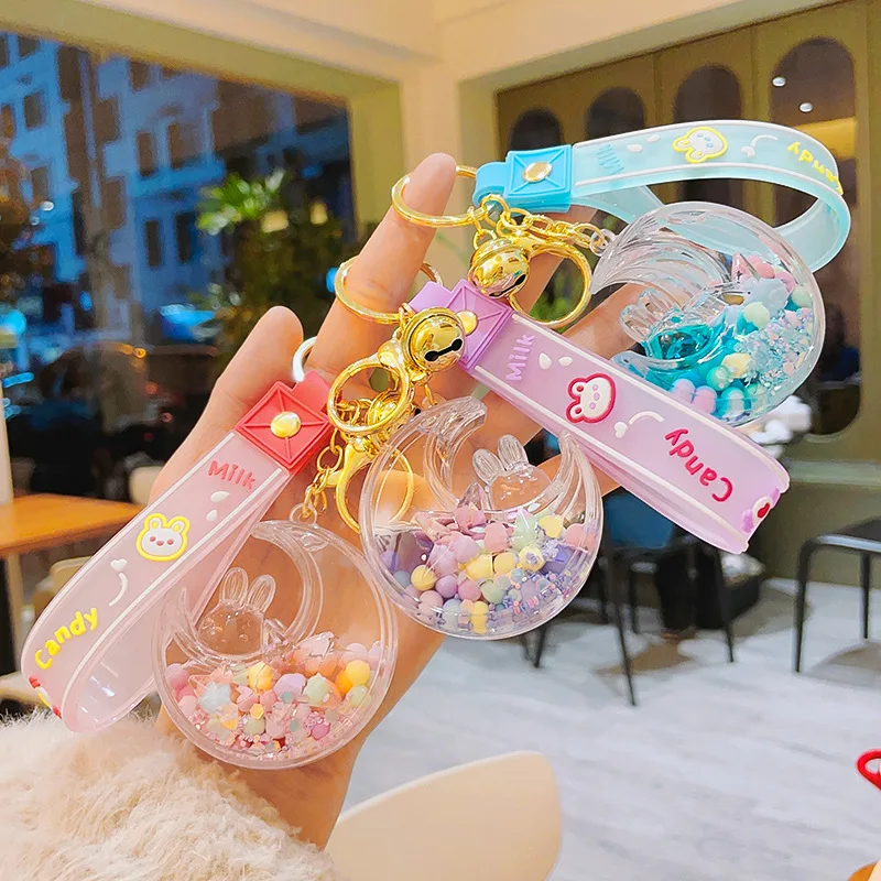 Oil in acrylic quicksand colored beans Moon Rabbit key chain cute couple car key chain bag pendant gift Promotional Girl Women