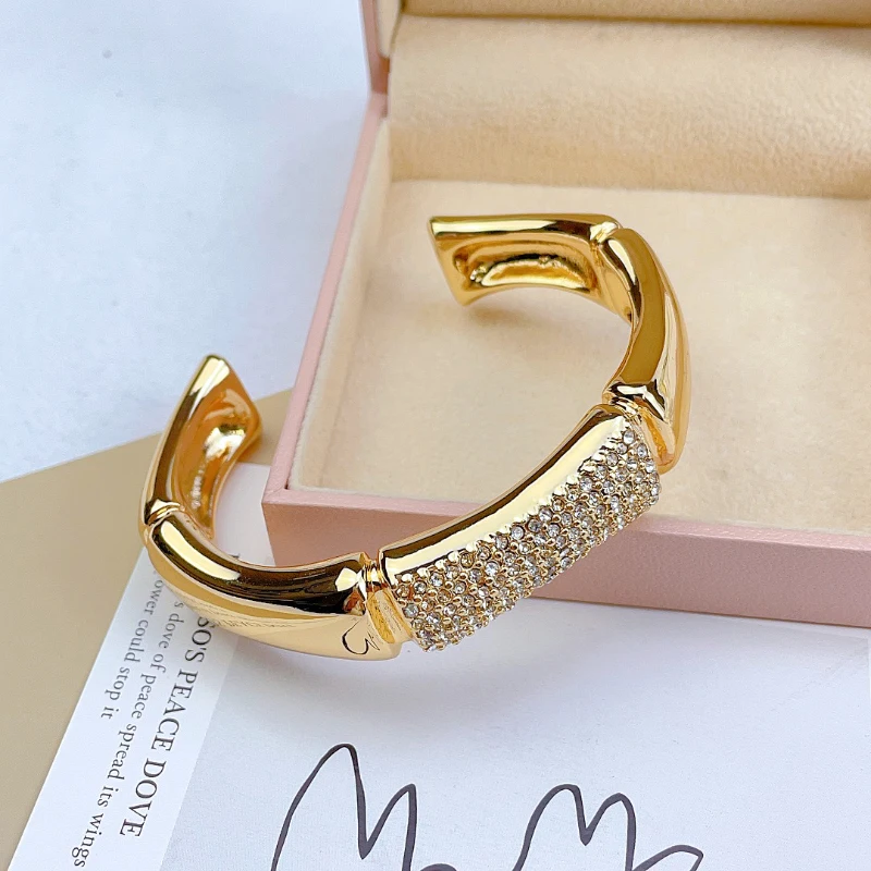 Fashion Hot Selling 18K Gold-plated Bamboo Section Set With Diamond C-shaped Open Bracelet For Women