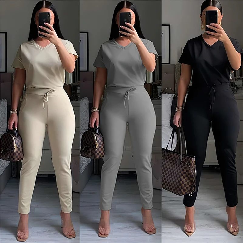 New arrival  summer causal women two piece pant sets T-shirt and jogger solid 2 pcs sets sport outfits clothing