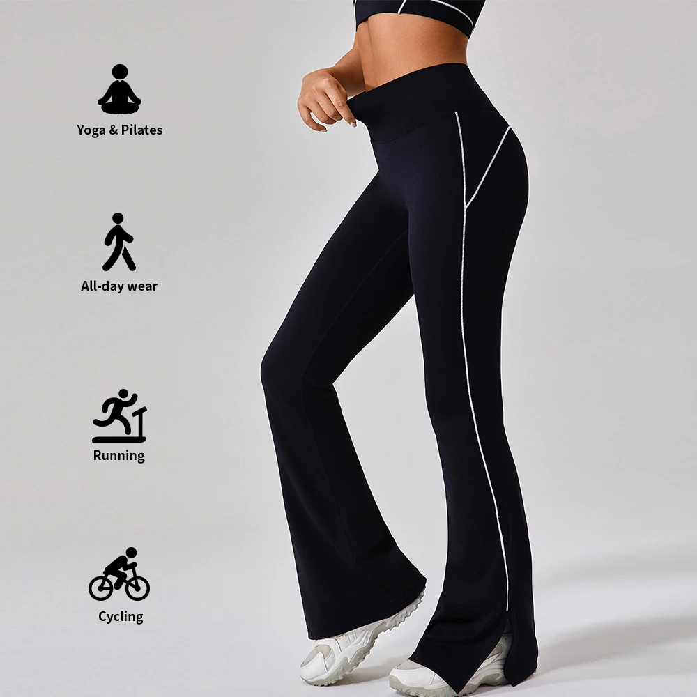 Women Breathable High Waist Flared Yoga Pants Women Bottom Split Side White Line Gym Yoga Leggings Outdoor Sports Leggings
